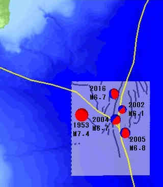 図１　対象地域で起きた主な地震 